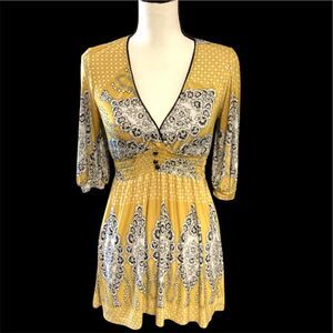 Vintage XX3 V-neck Boho Print Elbow Sleeve Top Blouse in Yellow/multi  Large